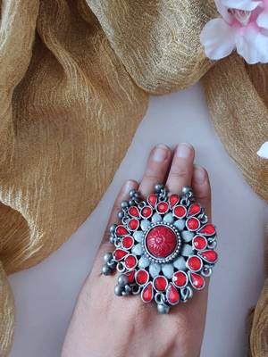 Red Silver Polish Cocktail Ring 2