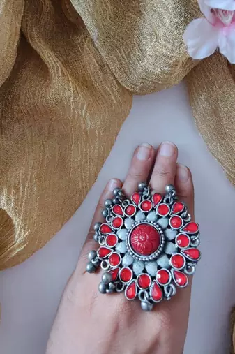 Red Silver Polish Cocktail Ring