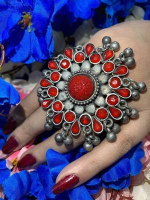 Red Silver Polish Cocktail Ring 3