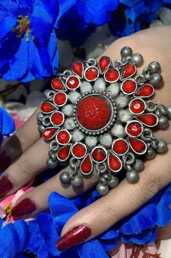 Red Silver Polish Cocktail Ring