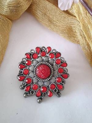 Red Silver Polish Cocktail Ring 4