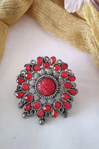 Red Silver Polish Cocktail Ring