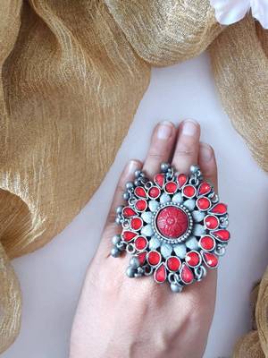 Red Silver Polish Cocktail Ring 5