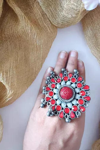 Red Silver Polish Cocktail Ring