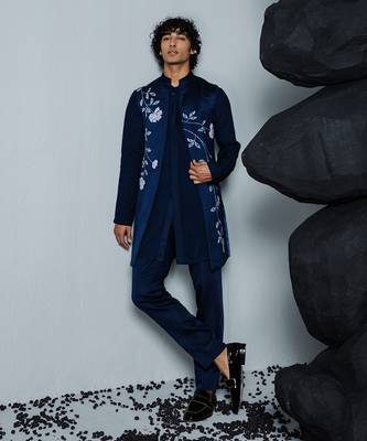 Navy blue handpaint kurta shrug set 1