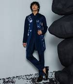 Navy blue handpaint kurta shrug set