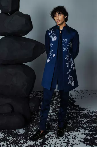 Navy blue handpaint kurta shrug set