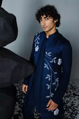 Navy blue handpaint kurta shrug set