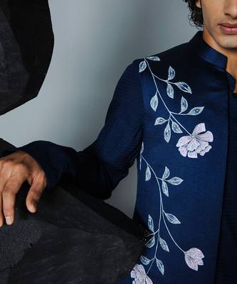 Navy blue handpaint kurta shrug set 4