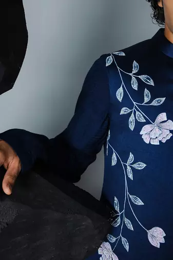 Navy blue handpaint kurta shrug set