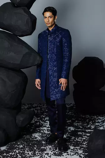 Blue sapphire open sherwani set