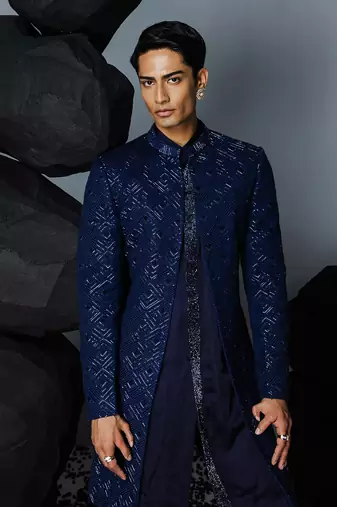 Blue sapphire open sherwani set