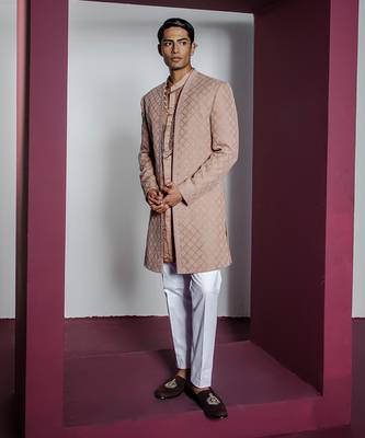 Rose brown opulent open sherwani set 1