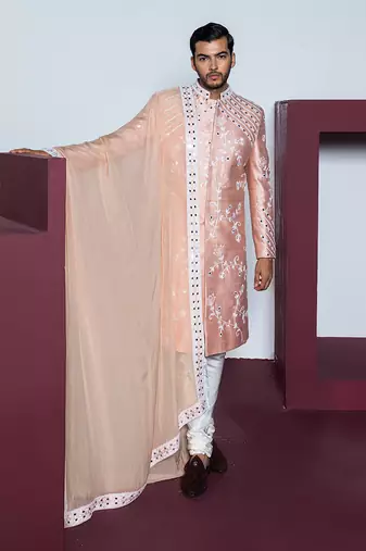 Peach rose garden sherwani set