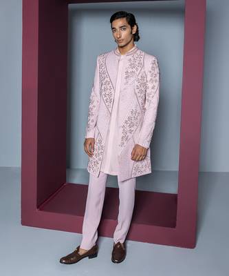Pale pink mehroom sherwani set 1