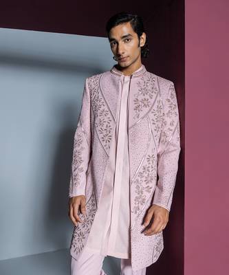 Pale pink mehroom sherwani set 2