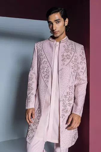 Pale pink mehroom sherwani set