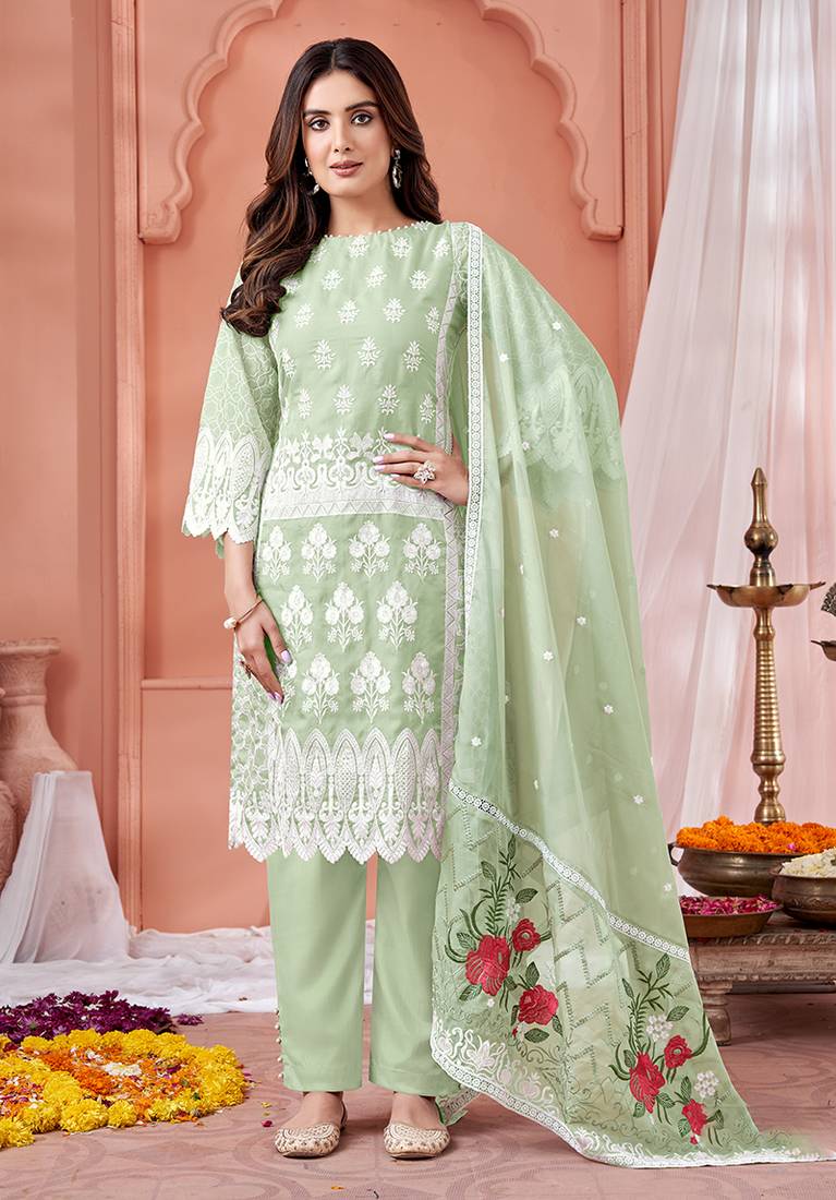 Light parrot green color embroidered soft organza ethinc wear suit