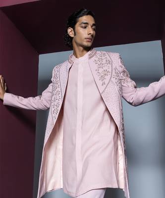Pale pink mehroom sherwani set 3