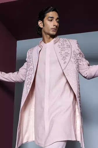 Pale pink mehroom sherwani set