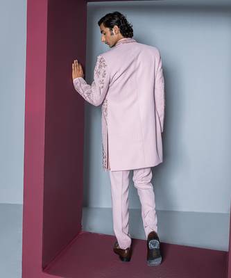 Pale pink mehroom sherwani set 4