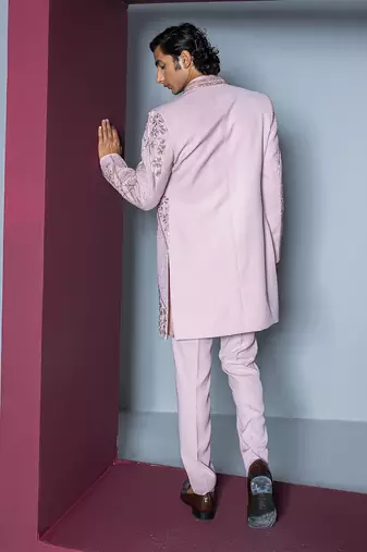Pale pink mehroom sherwani set