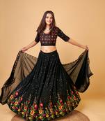 Trendmalls Black Fox Georgette Embroidery Work Wedding, Party Wear Semi-stitched Latest Lehenga Choli With Dupatta