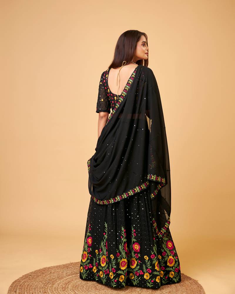 Trendmalls Black Fox Georgette Embroidery Work Wedding, Party Wear Semi-stitched Latest Lehenga Choli With Dupatta