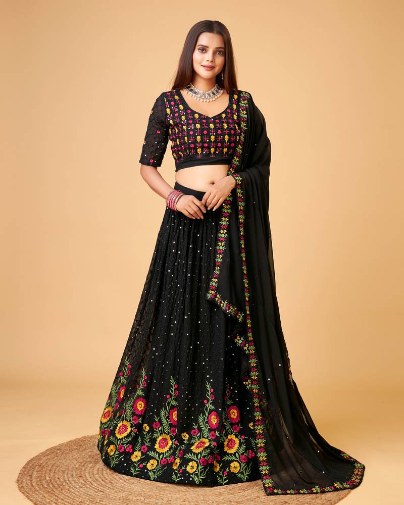 Trendmalls Black Fox Georgette Embroidery Work Wedding, Party Wear Semi-stitched Latest Lehenga Choli With Dupatta