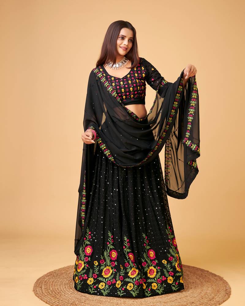 Trendmalls Black Fox Georgette Embroidery Work Wedding, Party Wear Semi-stitched Latest Lehenga Choli With Dupatta