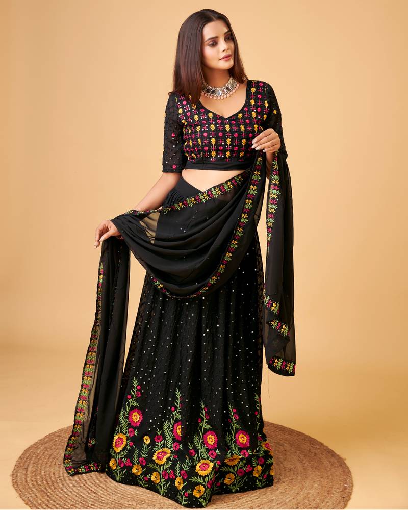 Trendmalls Black Fox Georgette Embroidery Work Wedding, Party Wear Semi-stitched Latest Lehenga Choli With Dupatta