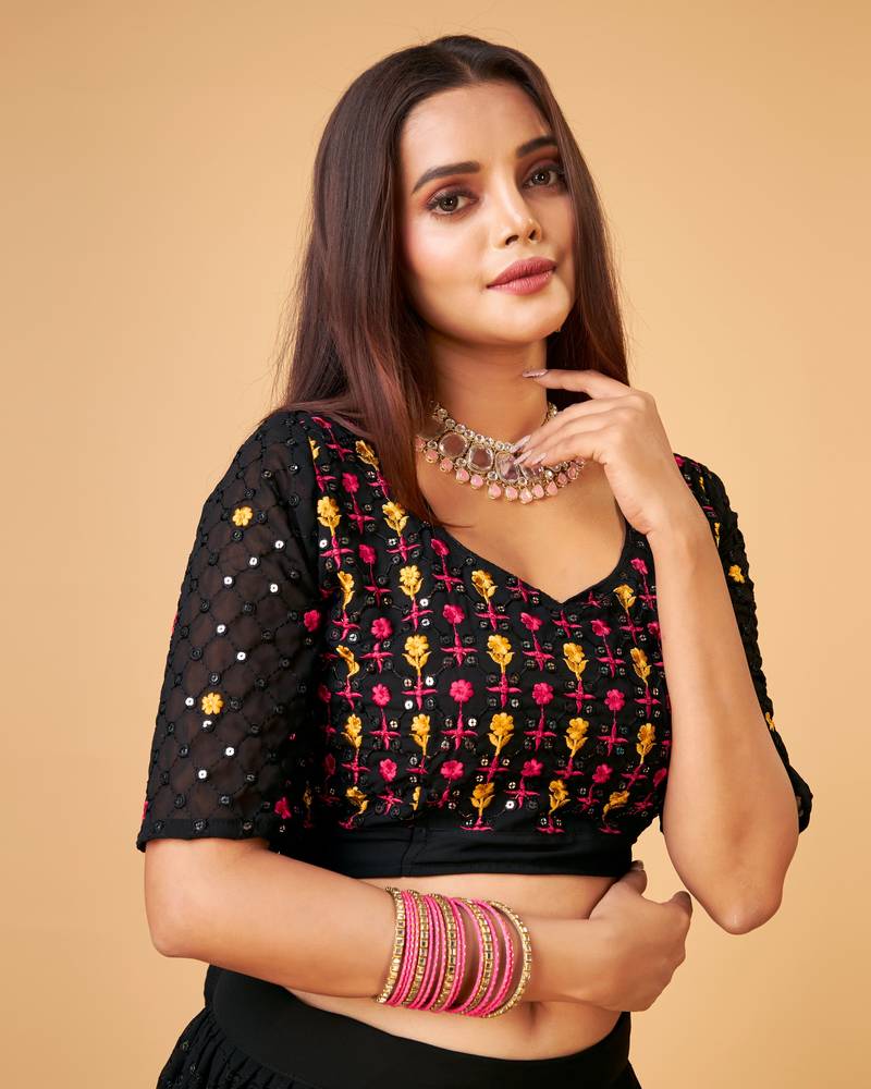 Trendmalls Black Fox Georgette Embroidery Work Wedding, Party Wear Semi-stitched Latest Lehenga Choli With Dupatta