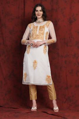 SHADES Organza brown chikankari kurti 1