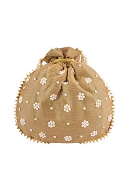 Dark Gold Art Silk Pearl Work Potli Bag 1