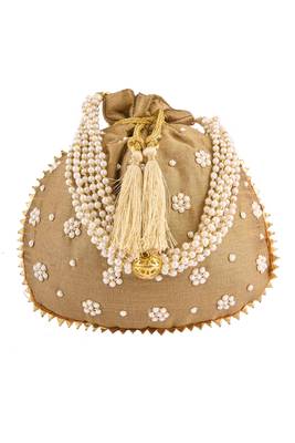Dark Gold Art Silk Pearl Work Potli Bag 2