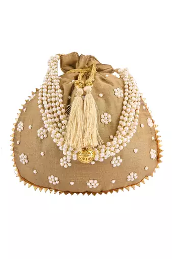 Dark Gold Art Silk Pearl Work Potli Bag