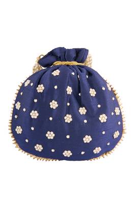 Navy Blue Art Silk Pearl Work Potli Bag 1