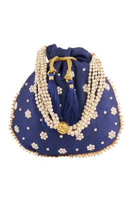 Navy Blue Art Silk Pearl Work Potli Bag 2
