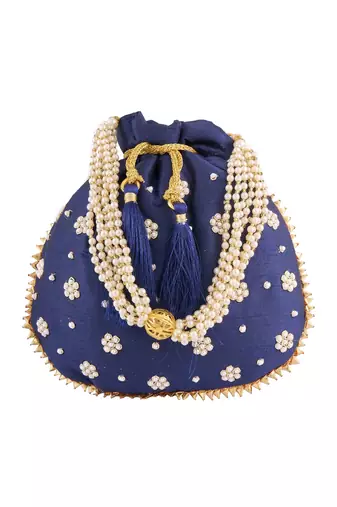 Navy Blue Art Silk Pearl Work Potli Bag