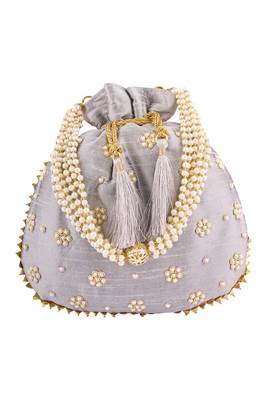 Grey Art Silk Pearl Work Potli Bag 1