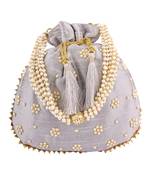 Grey Art Silk Pearl Work Potli Bag