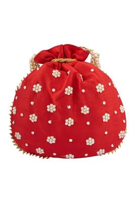 Red Art Silk Pearl Work Potli Bag 1