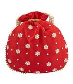 Red Art Silk Pearl Work Potli Bag