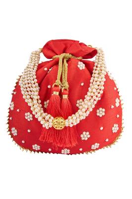 Red Art Silk Pearl Work Potli Bag 2