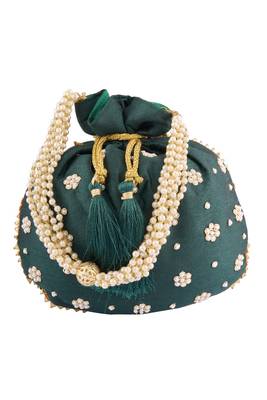 Bottle Green Art Silk Pearl Work Potli Bag 1