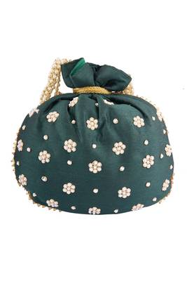 Bottle Green Art Silk Pearl Work Potli Bag 2