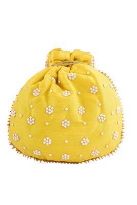 Yellow Art Silk Pearl Work Potli Bag 1