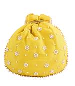 Yellow Art Silk Pearl Work Potli Bag