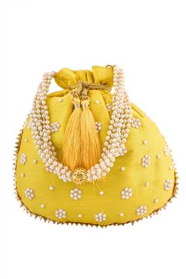 Yellow Art Silk Pearl Work Potli Bag 2