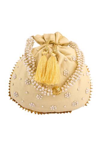 Beige Art Silk Pearl Work Potli Bag